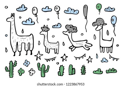 Lama set. Elements in doodle style. Vector illustration.