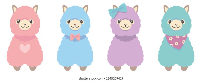 Lama set of four different fluffy pastel colored alpaca animal vector illustrations