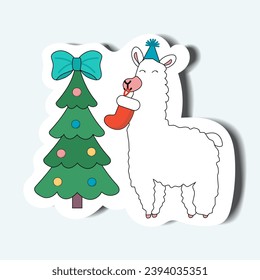 Lama of set in sticker design. A funny llama character decorates the Christmas tree, creating a Christmas atmosphere that is reflected in this sticker. Vector illustration.