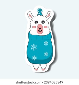 Matiz de conjunto en diseño de pegatinas. Este colorido estilo emoticono, protagonizado por un adorable personaje de llama navideña listo para las festividades. Ilustración vectorial.