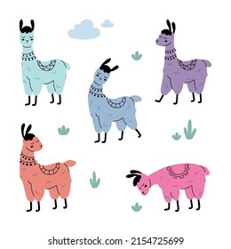 Lama set, Vector characters for kids clothes and stickers kit. 