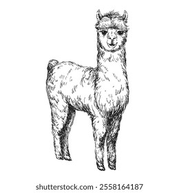 Lama sketch isolated on white background. Vintage animal vector illustration.	