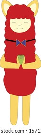 Lama is standing with coffee. 