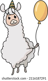lama stands and holds a yellow balloon in a cap