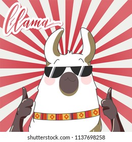 Lama with sun glasses in retro cartoon style. Hand drawn vector illustration. Elements for greeting card, poster, banners. T-shirt, notebook and sticker design