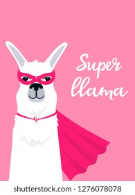 Lama in super hero costume vertical banner with hand drawn lettering.