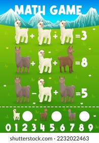 Lama, vicuna und Guanaco-Mathematik-Arbeitsblatt. Vektor, der das Puzzle-Quiz der Kindererziehung mit Cartoon-Lama-Tieren auf felsigem Berg grüner Wiese-Hintergrund, Additions- und Subtraktionsübungen zählt