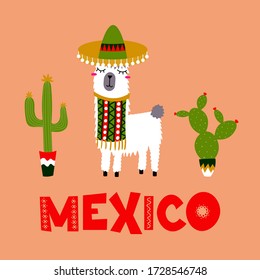 Lama wearing sombrero and cactus. Cinco de Mayo celebration poster with hand drawn lettering. Cute alpaca character in funny festival poster. 