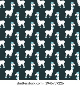 Lama. A white llama wearing a beret and scarf. Seamless vector pattern with animals on a dark background. For textile, fabric, packaging paper, background, wallpaper.