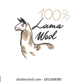 Lama Wool 100%.Wool signs. Natural Wool Product Logo Design. Hand drawn vector illustration. Can be used for shop, market, fabric, wrapping paper, scrapbooking.