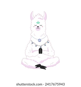 Yoga Lama meditando en loto posan sobre fondo blanco, estilo de caricatura, imprimir para tu diseño, camiseta, cuaderno