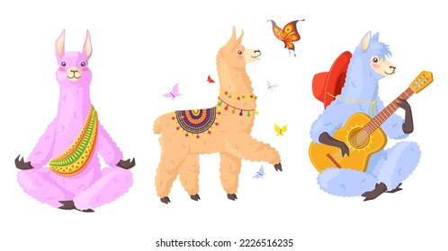 Lamas alpacas vector. Cute llama character isolated set on white background. Funny wild animal meditating, playing guitar, walking outdoors illustration