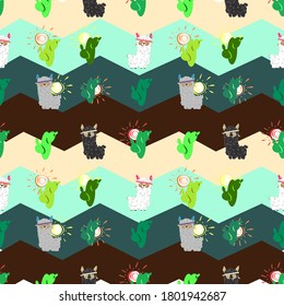 Lamas and cactus in a front of zigzag background. Vector illustration. Seamless pattern