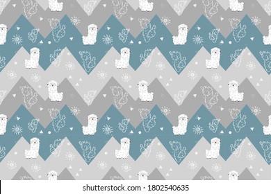Lamas and cactuses in a front of colorful zigzag. Seamless pettern. Vector illustration. 