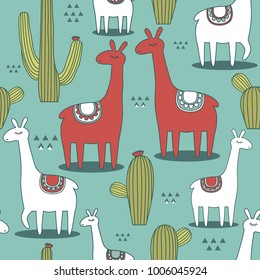 Lamas, cactuses, hand drawn backdrop. Colorful seamless pattern with animals and cacti. Decorative cute wallpaper, good for printing. Overlapping background vector, happy alpacas. Llama