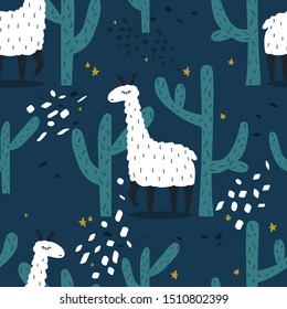 Lamas, cactuses,  hand drawn backdrop. Colorful seamless pattern with animals and cacti. Decorative cute wallpaper, good for printing. Overlapping background vector, happy alpacas. Llama