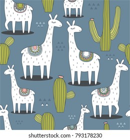 Lamas, cactuses, hand drawn backdrop. Colorful seamless pattern with animals and cacti. Decorative cute wallpaper, good for printing. Overlapping background vector, happy alpacas. Llama