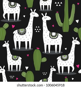 Lamas, cactos, corações, pano de fundo desenhado à mão. Padrão colorido sem costura com animais e cactos. Papel de parede bonito decorativo, bom para impressão. Vetor de fundo sobreposto, alpacas felizes. Lhama