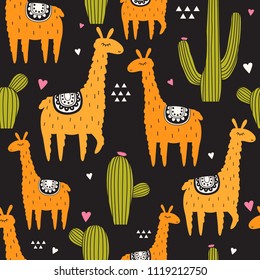 Lamas, cactuses, hearts, hand drawn backdrop. Colorful seamless pattern with animals and cacti. Decorative cute wallpaper, good for printing. Overlapping background vector, happy alpacas. Llama 
