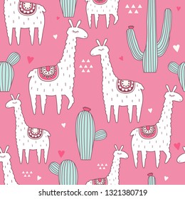 Lamas, cactuses, hearts, hand drawn backdrop. Colorful seamless pattern with animals and cacti. Decorative cute wallpaper, good for printing. Overlapping background vector, happy alpacas. Llama