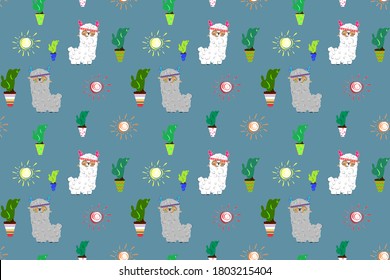 Lamas and cactuses seamless pattern. Vector illustartion.Suns on the background. Wallpaper for kids room.