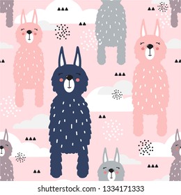 Lamas, clouds, hand drawn backdrop. Colorful seamless pattern with animals. Decorative cute wallpaper, good for printing. Overlapping background vector, happy alpacas. Llama
