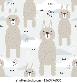 Lamas, clouds, hand drawn backdrop. Colorful seamless pattern with animals. Decorative cute wallpaper, good for printing. Overlapping background vector, happy alpacas. Llama