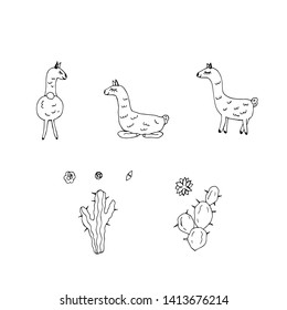 Lamas in different poses and cacti. Vector illustration.
