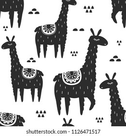 Lamas, hand drawn backdrop. Black and white seamless pattern with animals. Decorative cute wallpaper, good for printing. Overlapping background vector, happy alpacas. Llamas