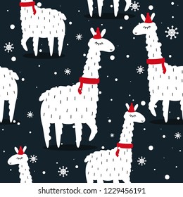 Lamas, hand drawn backdrop. Colorful seamless pattern with animals, snow. Decorative cute wallpaper, good for printing. Overlapping background vector, happy alpacas. Llamas