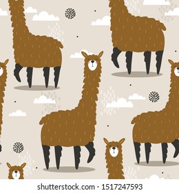 Lamas, hand drawn backdrop. Colorful seamless pattern with animals, sky. Decorative cute wallpaper, good for printing. Overlapping background vector, happy alpacas. Llama
