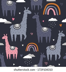 Lamas, hand drawn backdrop. Colorful seamless pattern with animals, sky. Decorative cute wallpaper, good for printing. Overlapping background vector, happy alpacas. Llama