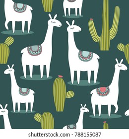 Lamas, hand drawn backdrop. Colorful seamless pattern with animals and cacti. Decorative cute wallpaper, good for printing. Overlapping background vector, happy alpacas. Llama