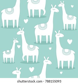 Lamas, hand drawn backdrop. Colorful seamless pattern with animals and hearts. Decorative cute wallpaper, good for printing. Overlapping background vector, alpacas. Llama