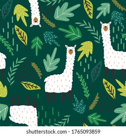 Lamas, leaves,  hand drawn backdrop. Colorful seamless pattern with animals. Decorative cute wallpaper, good for printing. Overlapping background vector, happy alpacas. Llama