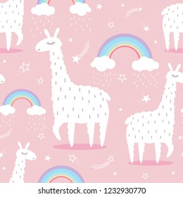 Lamas, rainbow, stars, hand drawn backdrop. Colorful seamless pattern with animals. Decorative cute wallpaper, good for printing. Overlapping background vector, happy alpacas. Llama