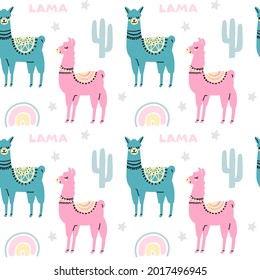 Сute lamas seamless pattern with cactus, rainbow, heart, star  isolated on white background. Vector flat illustration. Design for childish textile, fabric, wallpaper, wrapping