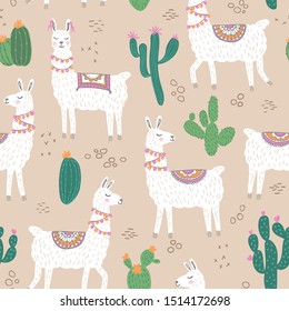 Lamas seamless pattern with cactusies on a desert landscape bacground. Cute cartooon personage llama. Perfect for childish printable stuff.