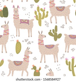 Lamas seamless pattern with cactusies on a white bacground. Cute cartooon animal personage.