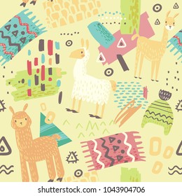Lamas Seamless Pattern. Hand Drawn Abstract Background with Alpaca for Fabric Textile, Wrapping Paper, Decoration. Vector illustration