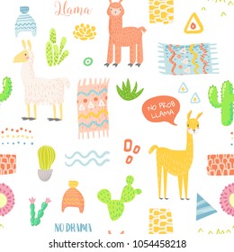 Lamas Seamless Pattern. Hand Drawn Childish Background with Alpaca and Cactuses for Fabric Textile, Wrapping Paper, Decoration. Vector illustration