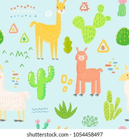 Lamas Seamless Pattern. Hand Drawn Childish Background with Alpaca and Cactuses for Fabric Textile, Wrapping Paper, Decoration. Vector illustration