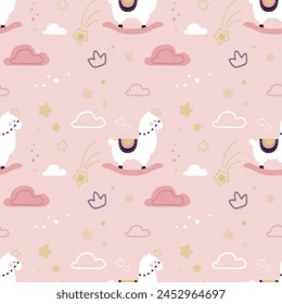 Juguetes Lamas, fondo dibujado a mano. Patrón colorido sin costuras con animales y nubes. Lindo Fondo de pantalla lindo decorativo del juguete de la llama, bueno para imprimir. Fondo de textura. doodle Ilustración vectorial