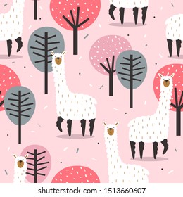 Lamas, trees,  hand drawn backdrop. Colorful seamless pattern with animals and forest. Decorative cute wallpaper, good for printing. Overlapping background vector, happy alpacas. Llama