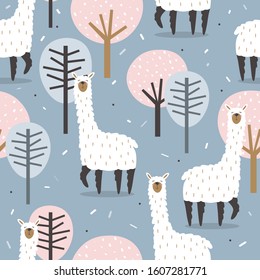 Lamas, trees,  hand drawn backdrop. Colorful seamless pattern with animals and forest. Decorative cute wallpaper, good for printing. Overlapping background vector, happy alpacas. Llama