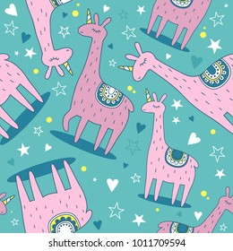 Lamas, unicorns, hand drawn colored backdrop. Colorful seamless pattern with animals, stars, hearts. Decorative cute wallpaper, good for printing. Overlapping background vector, happy alpacas. Llamas