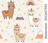 Lamas vector seamless pattern with rainbows and mountains on a white color background. Cute cartooon personage llama. Perfect for nursery printable stuff.