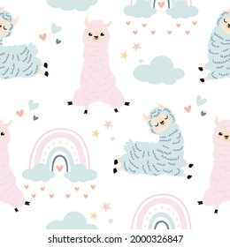 Lamas vector seamless pattern with rainbows and clouds on white color background. Cute cartoon personage llama. nursery printable stuff. Alpaca Seamless Pattern. Children's, Textiles, Wallpapers