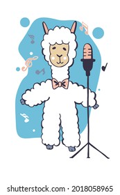 Lama-singer with microphone. Cartoon lama on notes and abstract spot background. Cute print for fabric, t-shirt, poster, apparel, kids clothes.