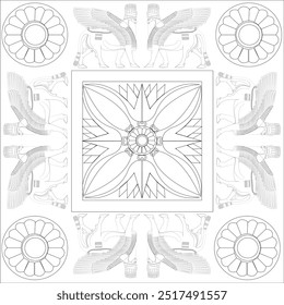 Lamassu Winged lion Assyrian Magnet outline Illustration 